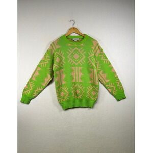 RAVE Women Green Pink‎ Geometric Pattern Knit Sweater Pullover Medium